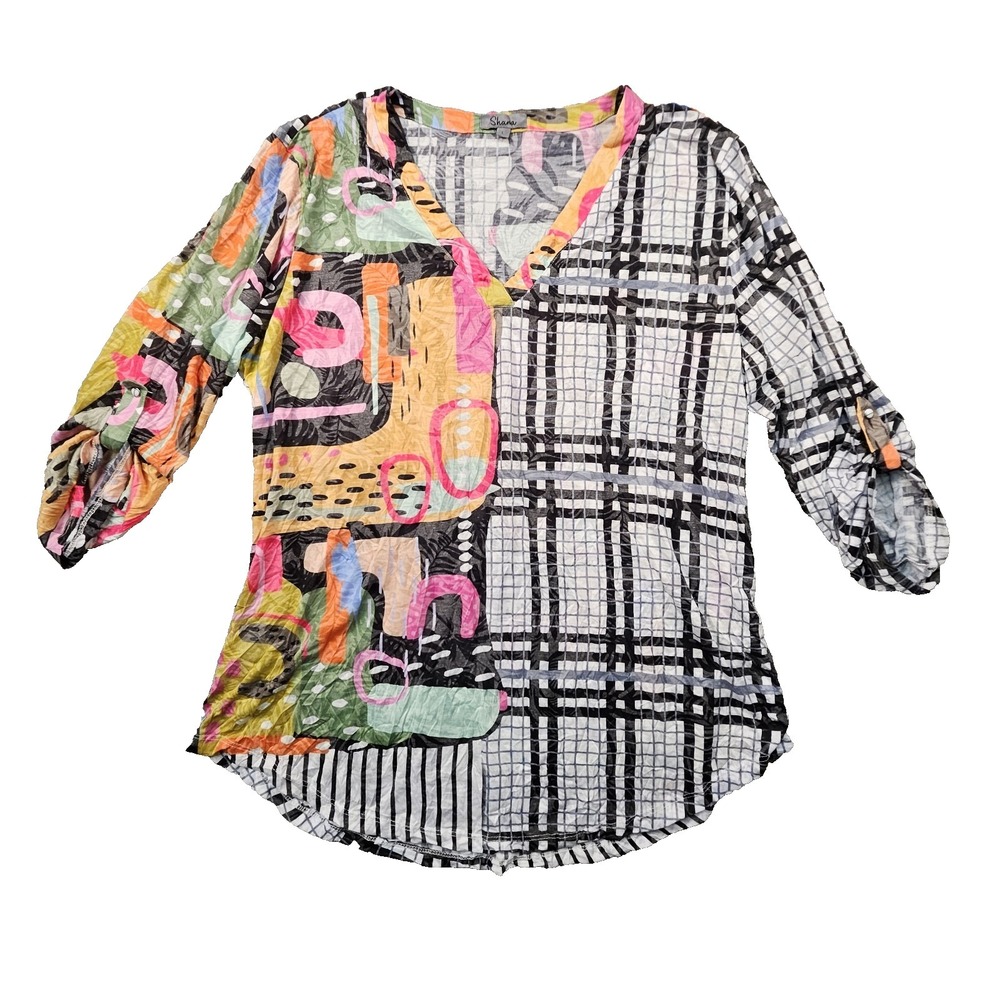 Shana Abstract Plaid Mixed Media Blouse Womens L 3/4 Sleeve Eclectic Avant Garde